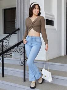 Teen Girl Twist Front Crop Tee - Khaki - View 3