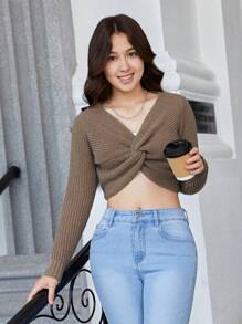 Teen Girl Twist Front Crop Tee - Khaki - View 5