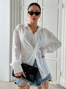 DAZY Áo sơ mi tay dài lệch vai phía trước - trắng - Xem 8