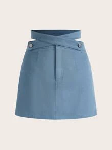 SHEINNeu Criss Cross Waist Button Detail Skirt - Dusty Blue - View 1