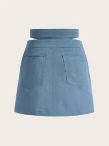 SHEINNeu Criss Cross Waist Button Detail Skirt - Dusty Blue - View 2