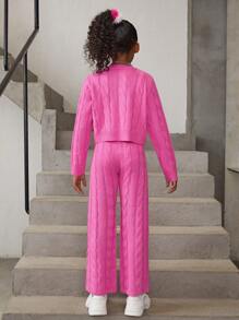 SHEIN 女大童麻花編織落肩袖開襟衫和針織褲&吊帶上衣 - 玫紅色 - 查看 2