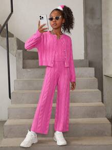 SHEIN 女大童麻花編織落肩袖開襟衫和針織褲&吊帶上衣 - 玫紅色 - 查看 4