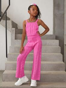 SHEIN 女大童麻花編織落肩袖開襟衫和針織褲&吊帶上衣 - 玫紅色 - 查看 5