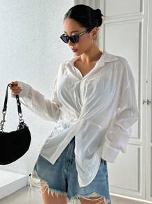 DAZY Áo sơ mi tay dài lệch vai phía trước - trắng - Xem 3