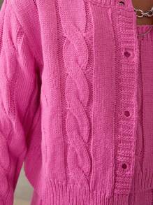 SHEIN 女大童麻花編織落肩袖開襟衫和針織褲&吊帶上衣 - 玫紅色 - 查看 6