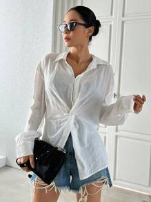 DAZY Áo sơ mi tay dài lệch vai phía trước - trắng - Xem 6