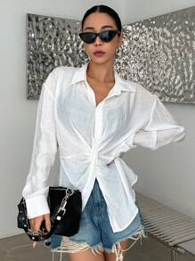 DAZY Áo sơ mi tay dài lệch vai phía trước - trắng - Xem 7