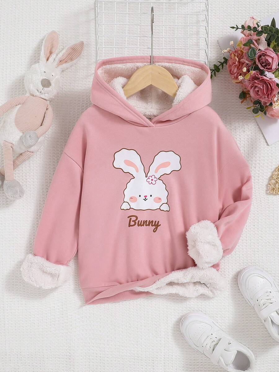 SHEIN 少女兔子字母图案落肩保暖卫衣 - 粉色 - 查看 1