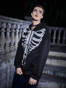 Manfinity EMRG Thêm Lỏng lẻo Nam Halloween In Bộ xương Hoodie Với Thả vai Và Dây rút - màu đen - Xem 1