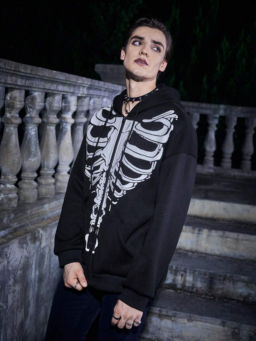 Manfinity EMRG Thêm Lỏng lẻo Nam Halloween In Bộ xương Hoodie Với Thả vai Và Dây rút - màu đen - Xem 1