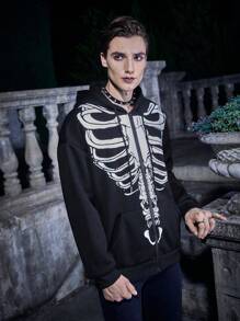 Manfinity EMRG Thêm Lỏng lẻo Nam Halloween In Bộ xương Hoodie Với Thả vai Và Dây rút - màu đen - Xem 3