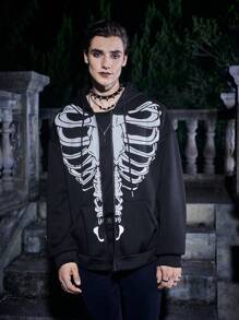 Manfinity EMRG Thêm Lỏng lẻo Nam Halloween In Bộ xương Hoodie Với Thả vai Và Dây rút - màu đen - Xem 4