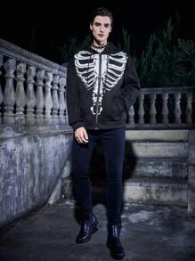 Manfinity EMRG Thêm Lỏng lẻo Nam Halloween In Bộ xương Hoodie Với Thả vai Và Dây rút - màu đen - Xem 5