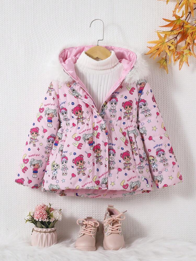 Young Girl Cartoon & Letter Graphic Fuzzy Trim Hooded Padded Coat Without Sweater