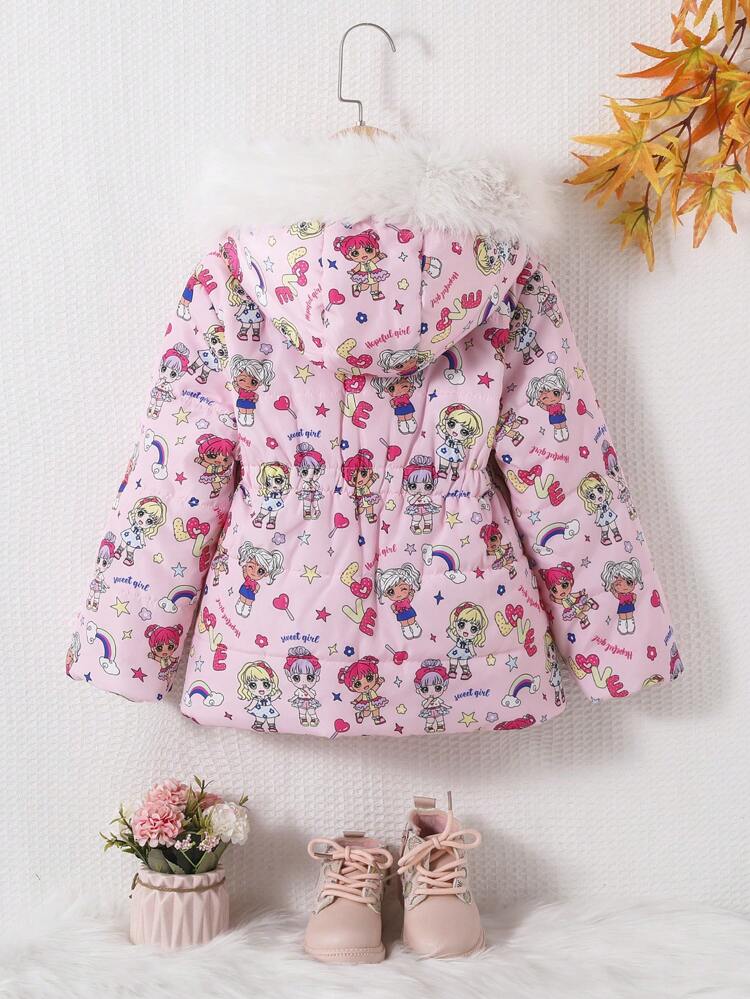 Young Girl Cartoon & Letter Graphic Fuzzy Trim Hooded Padded Coat Without Sweater