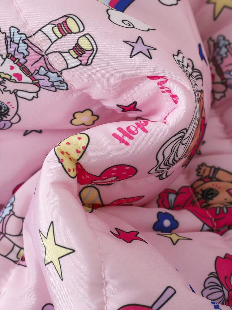 Young Girl Cartoon & Letter Graphic Fuzzy Trim Hooded Padded Coat Without Sweater