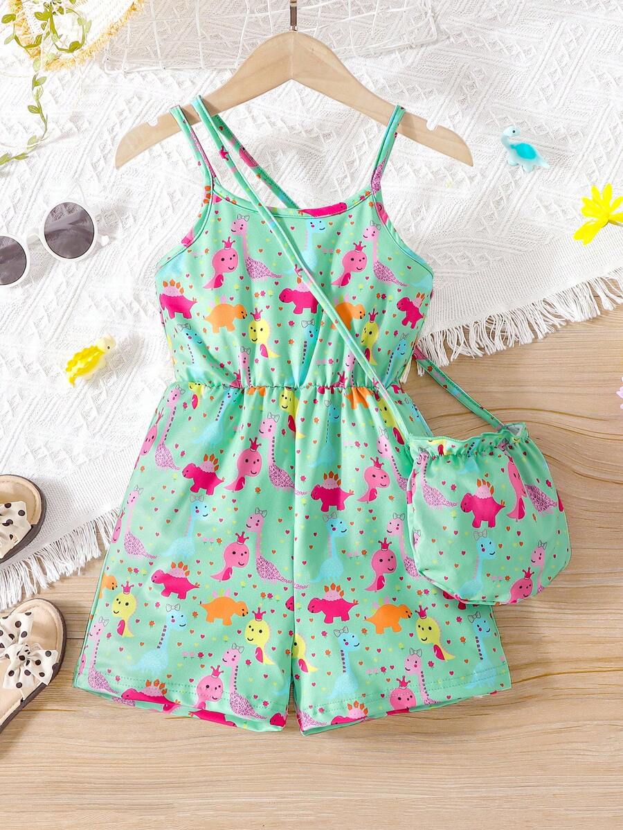 SHEIN 女小童卡通圖案吊帶連體短褲附包 - 綠色 - 查看 1