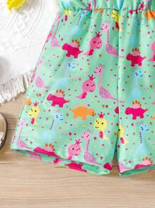 SHEIN 女小童卡通圖案吊帶連體短褲附包 - 綠色 - 查看 3