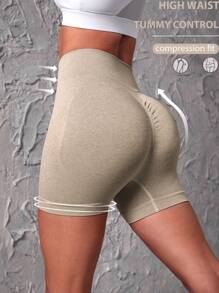 Yoga Basic 實色寬鬆腰帶運動短褲,彈性短褲 - 卡其色 - 查看 1