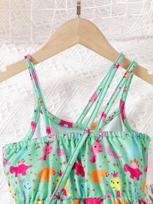 SHEIN 女小童卡通圖案吊帶連體短褲附包 - 綠色 - 查看 4