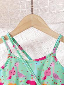 SHEIN 女小童卡通圖案吊帶連體短褲附包 - 綠色 - 查看 5