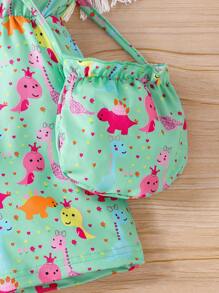 SHEIN 女小童卡通圖案吊帶連體短褲附包 - 綠色 - 查看 6
