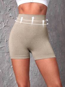 Yoga Basic 實色寬鬆腰帶運動短褲,彈性短褲 - 卡其色 - 查看 6