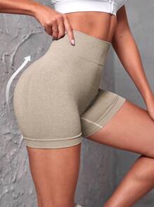 Yoga Basic 實色寬鬆腰帶運動短褲,彈性短褲 - 卡其色 - 查看 7