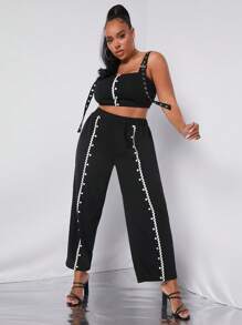 SHEIN SXY Plus Wave Tape Buckle Straps Cami Top & Pants - Black - View 1