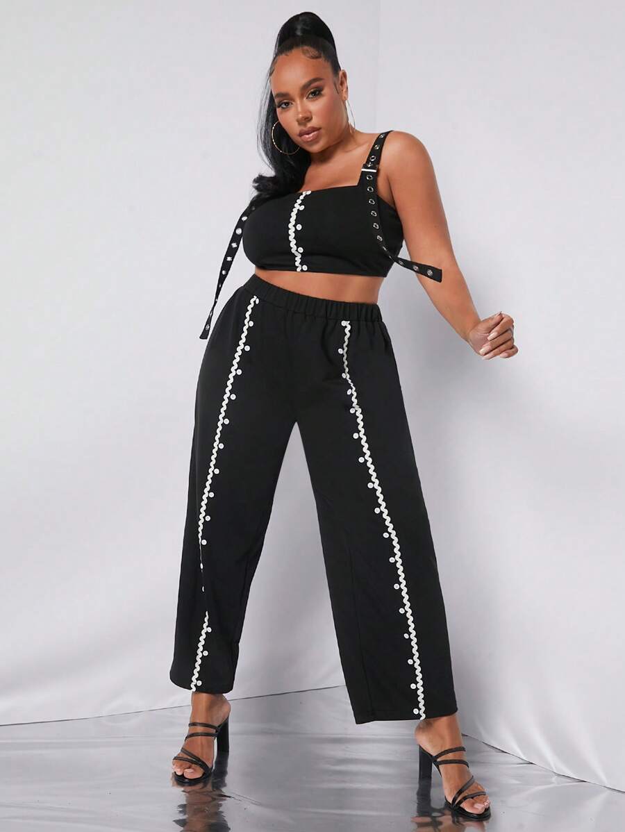 SHEIN SXY Plus Wave Tape Buckle Straps Cami Top & Pants - Black - View 1
