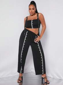 SHEIN SXY Plus Wave Tape Buckle Straps Cami Top & Pants - Black - View 3