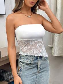 SHEIN EZwear 蕾絲拼接不對稱下擺抹胸上衣 - 白色 - 查看 4