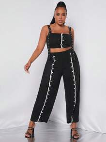 SHEIN SXY Plus Wave Tape Buckle Straps Cami Top & Pants - Black - View 5