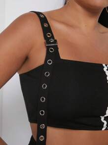 SHEIN SXY Plus Wave Tape Buckle Straps Cami Top & Pants - Black - View 6