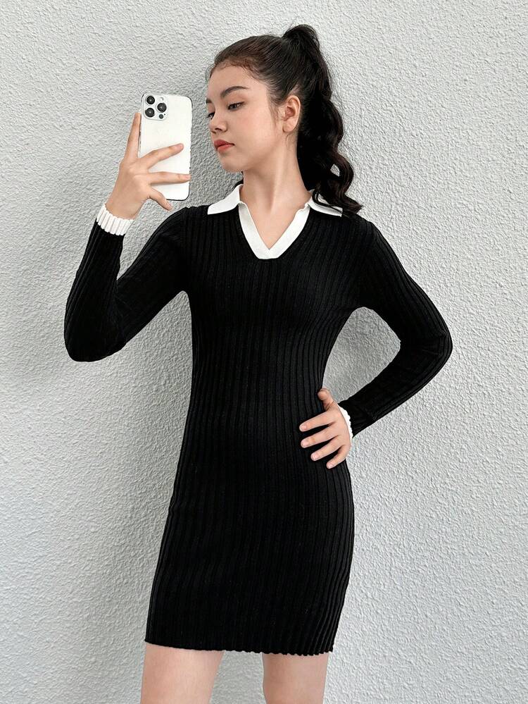 Teen Girl Contrast Trim Sweater Dress