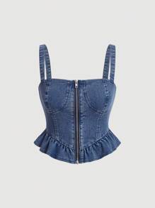 SHEIN MOD Ruffle Hem Zip Up Bustier Cami Denim Top - Medium Wash - View 1