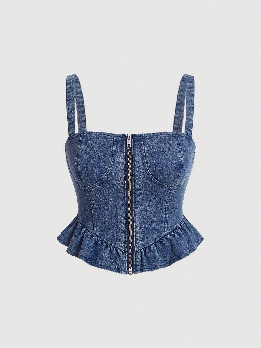 SHEIN MOD Ruffle Hem Zip Up Bustier Cami Denim Top - Medium Wash - View 1