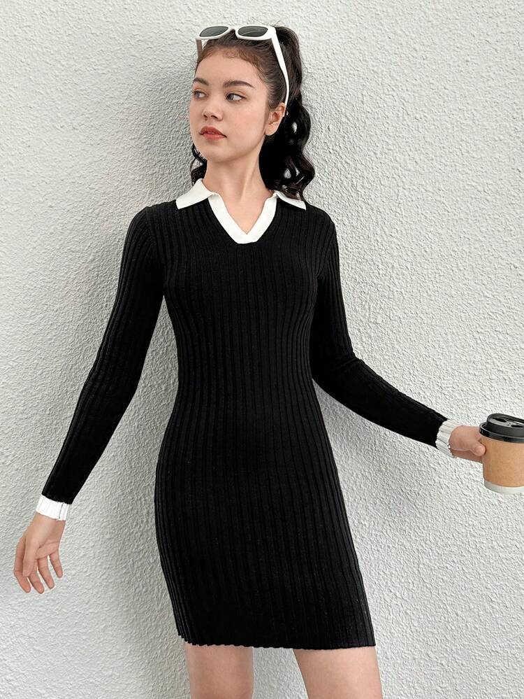 Teen Girl Contrast Trim Sweater Dress