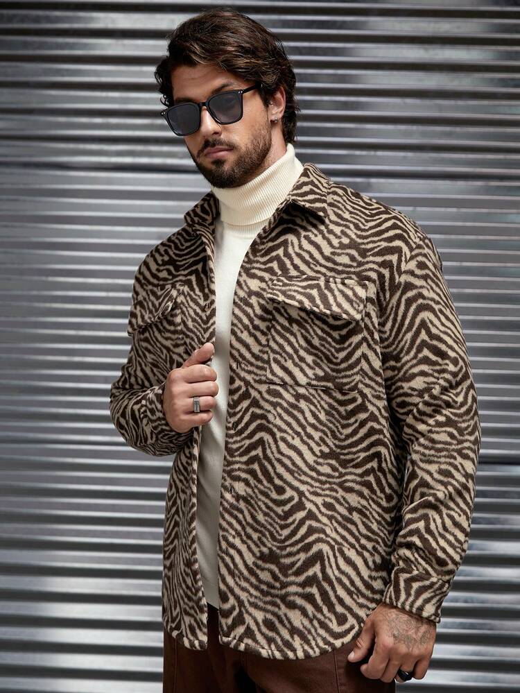 Oversized Men's Zebra Striped Flap Pocket Overcoat (No T-Shirt Included), For Fall Winter