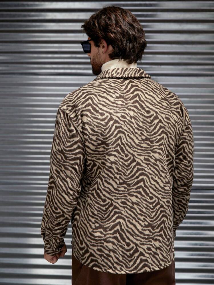 Oversized Men's Zebra Striped Flap Pocket Overcoat (No T-Shirt Included), For Fall Winter