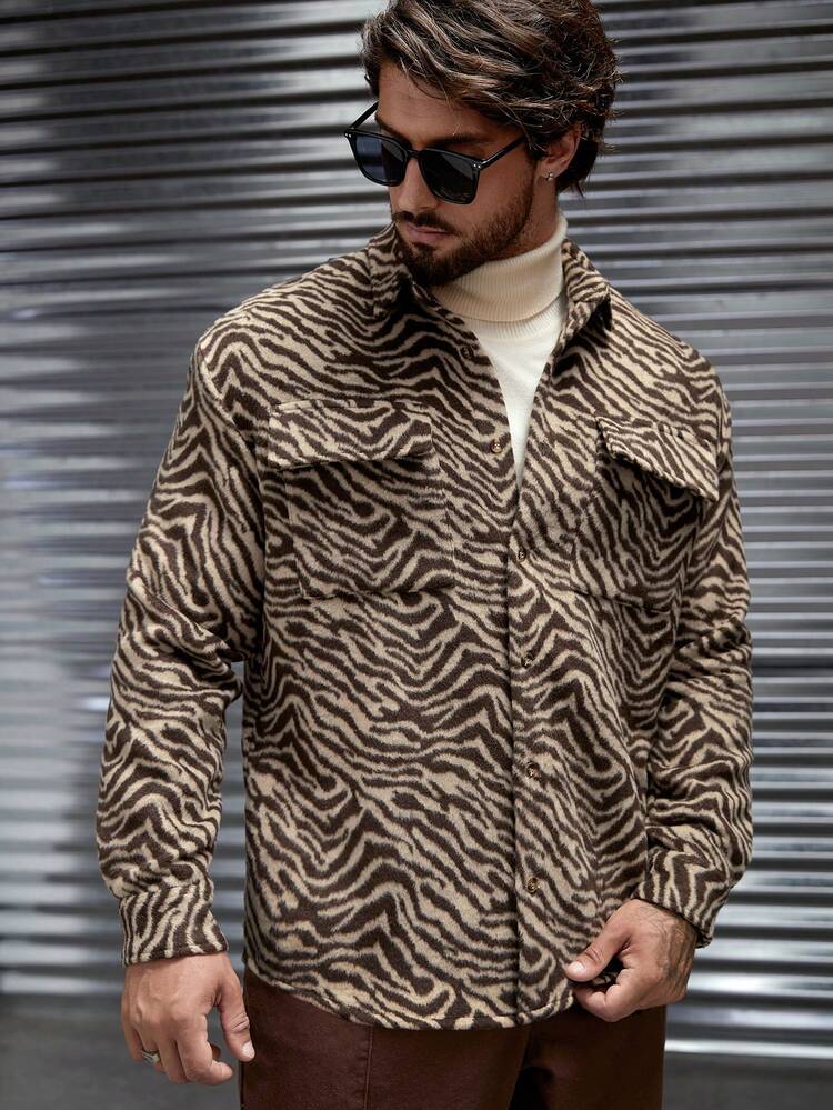 Oversized Men's Zebra Striped Flap Pocket Overcoat (No T-Shirt Included), For Fall Winter