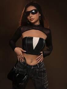 SHEIN ICON 撞色PU皮革抹胸上衣帶超短版網紗上衣