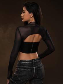 SHEIN ICON 撞色PU皮革抹胸上衣帶超短版網紗上衣