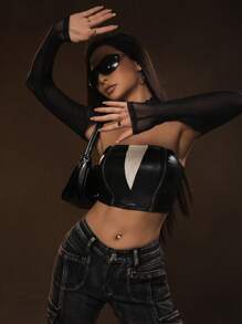 SHEIN ICON 撞色PU皮革抹胸上衣帶超短版網紗上衣