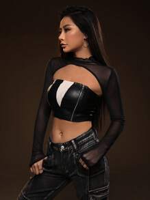 SHEIN ICON 撞色PU皮革抹胸上衣帶超短版網紗上衣