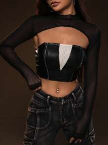 SHEIN ICON 撞色PU皮革抹胸上衣帶超短版網紗上衣