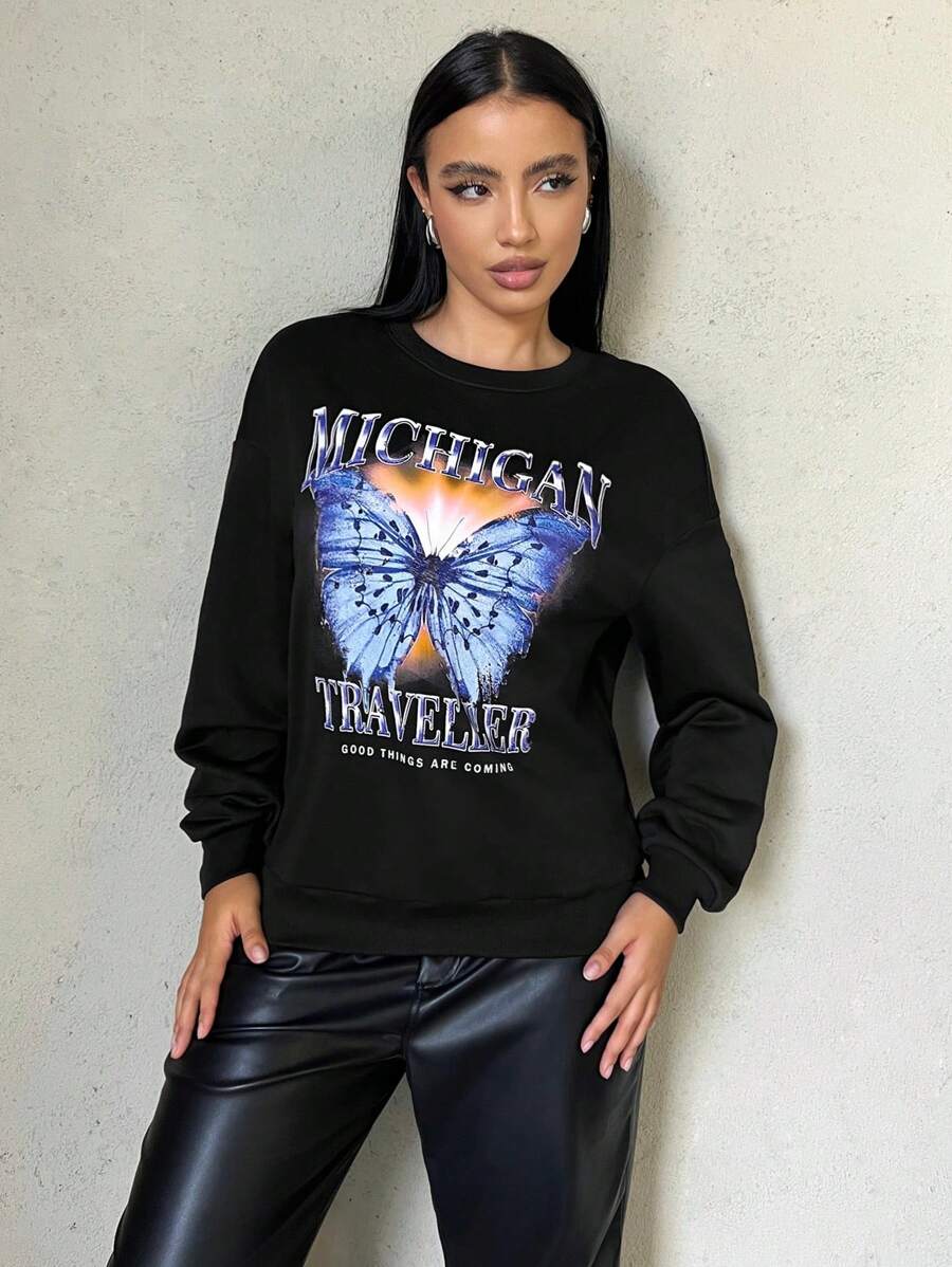 SHEIN SXY Chữ & Bướm In Thả vai Áo chui đầu - màu đen - Xem 1