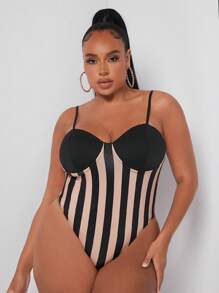 SHEIN SXY Plus Striped Print Bustier Cami Bodysuit - Multicolor - View 5