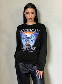 SHEIN SXY Chữ & Bướm In Thả vai Áo chui đầu - màu đen - Xem 3